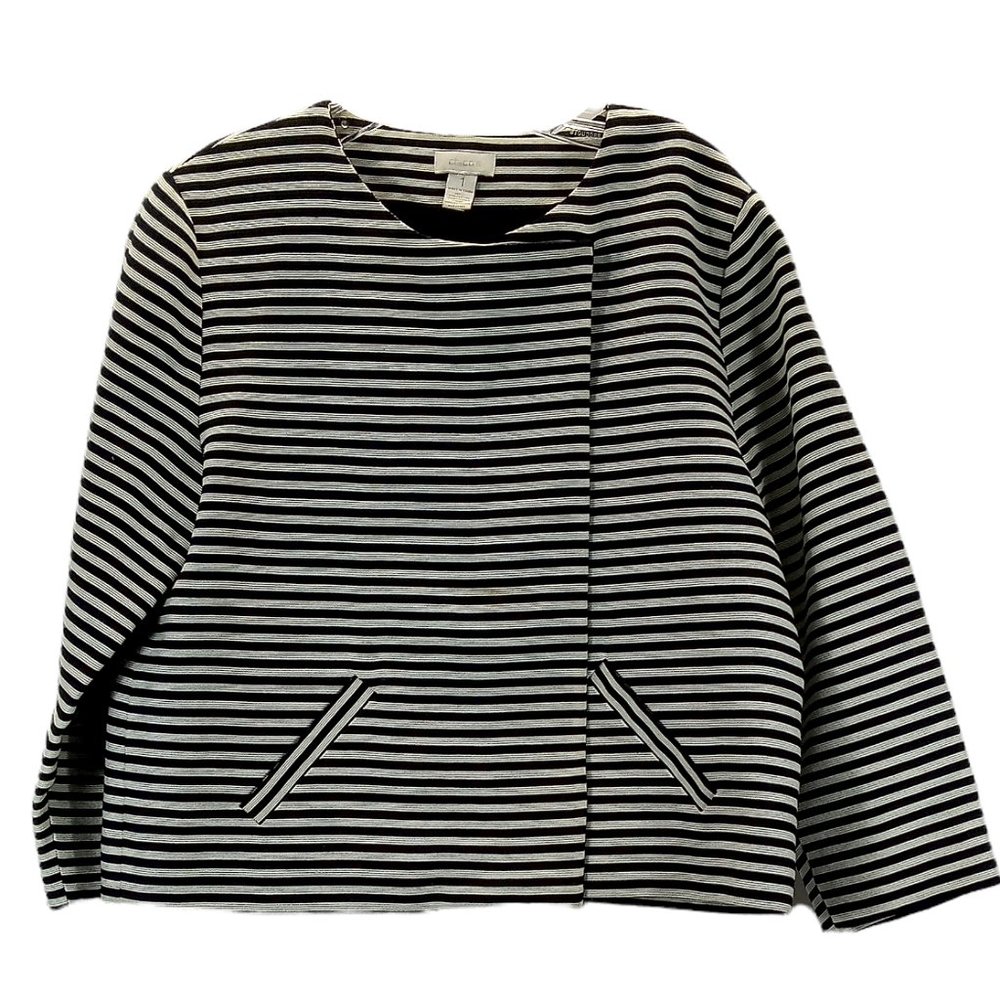 Chico’s Black & White Jacket in Horizontal Strip Size: 1